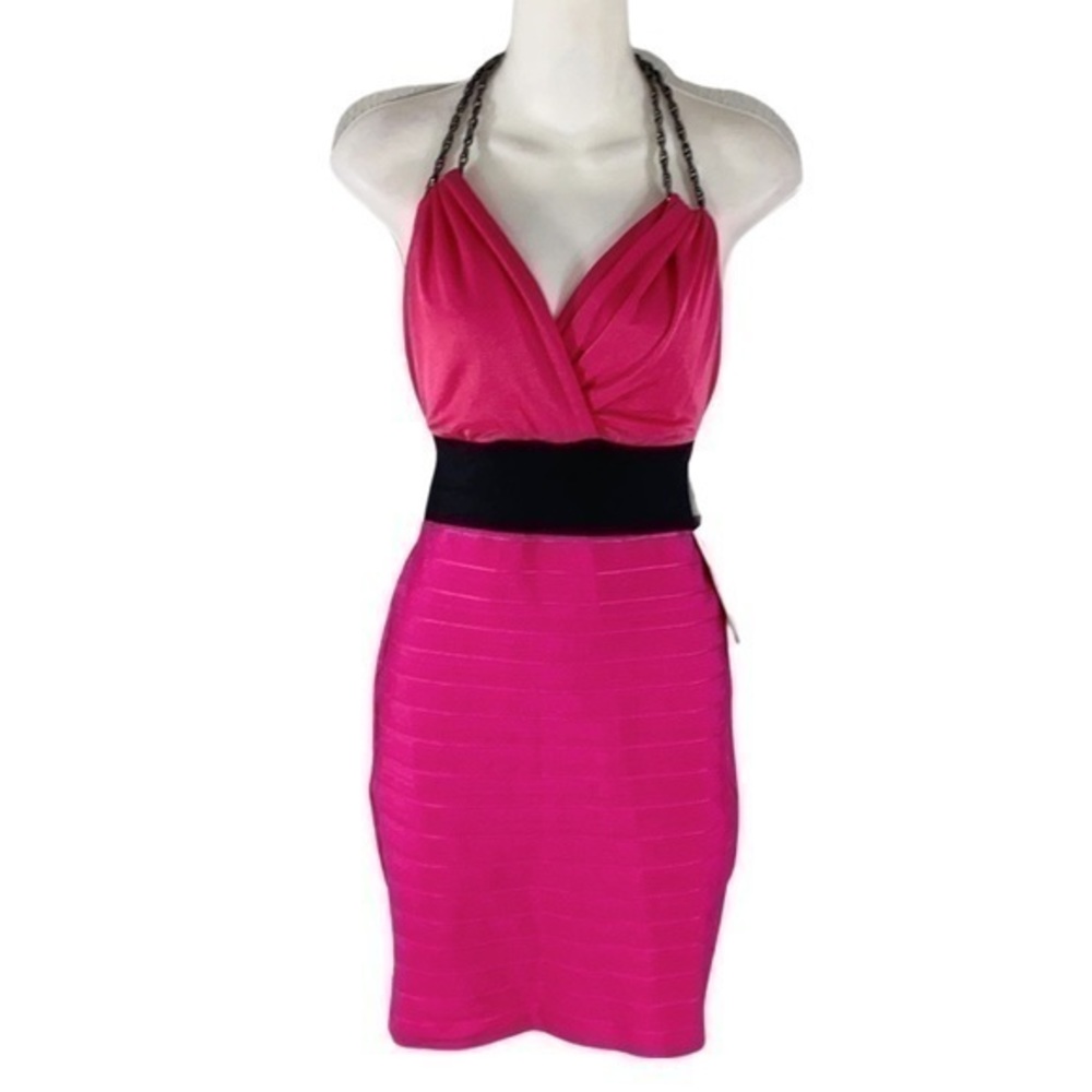 NWT Wow Couture pink bandage chain halter dress AA15